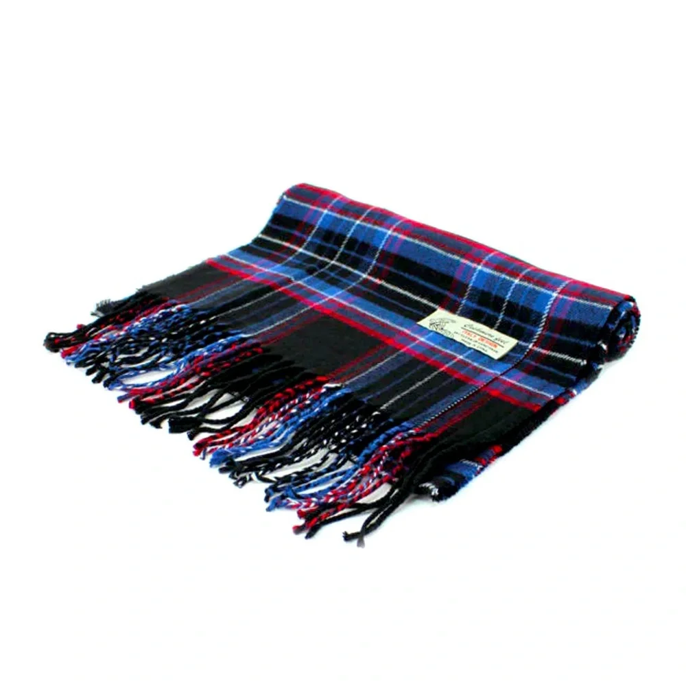 Blue/Black/Fushia Plaid Cashmere feel Scarf with 3” Fringe. NWT. 72”by 12”.
